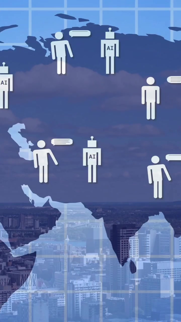 Animação de mapa-múndi com ícones sobre paisagem urbana