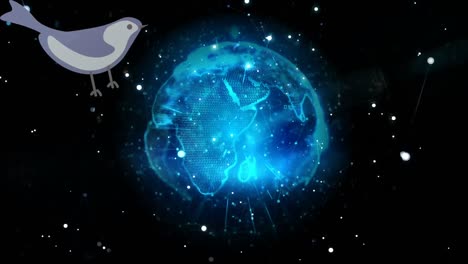 Animation-of-bird-over-rotating-globe-and-dots-on-black-background