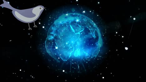 animation of bird over rotating globe and dots on black background
