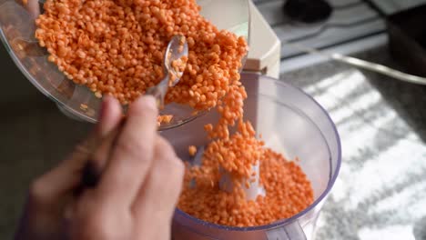 hand pouring turkish lentil grains over a food processor machine