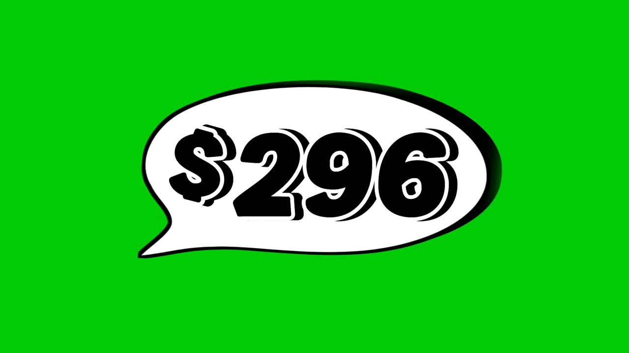 Green screen animation of a "$296 " price in a speech bubble. Perfect for sales, ads, or promo videos. Easy to use and customize in your projects video element