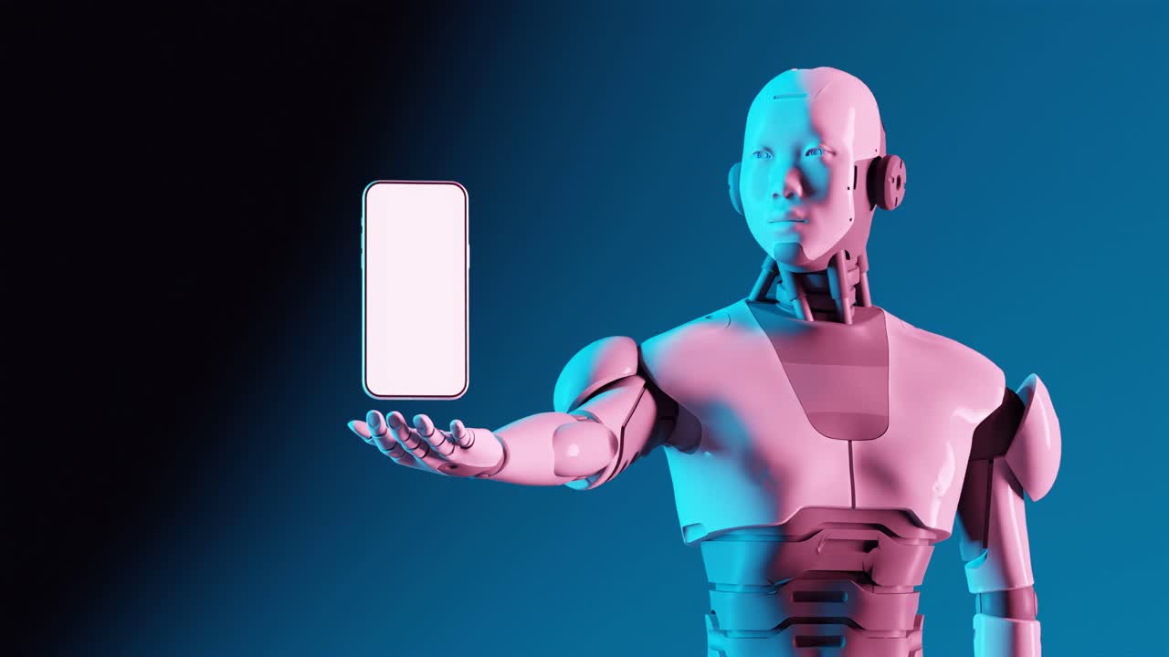 la figura robótica generada por computadora presenta un dispositivo de teléfono inteligente