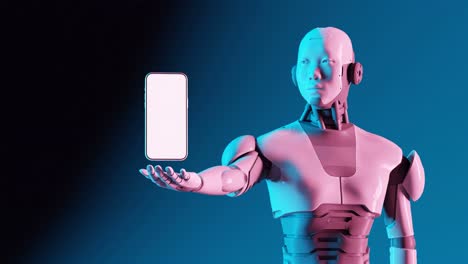 Computergenerierte-Roboterfigur-Präsentiert-Smartphone-Gerät