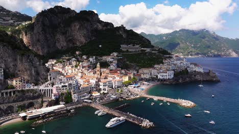 Beautiful-Aerial-View-Above-Amalfi,-Italy---Main-Town-on-Amalfi-Coast