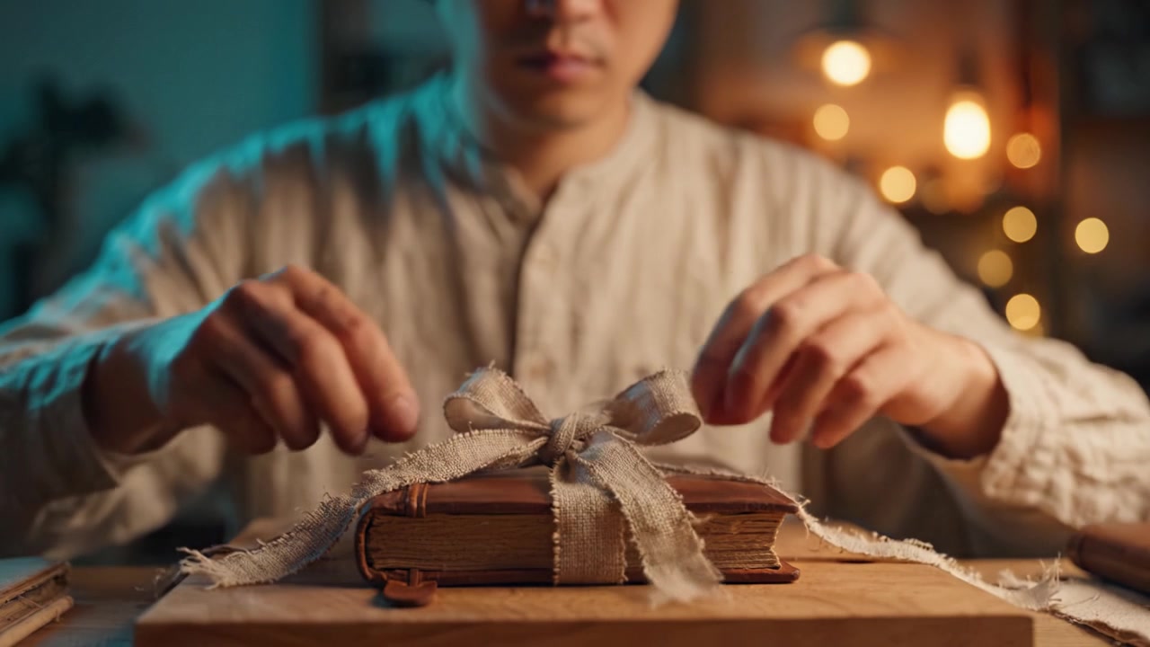 A Person Carefully Tying a Ribbon Around a Vintage Book in a Warmly Lit Setting, Capturing the Art of Gift Wrapping and the Beauty of Old Literature