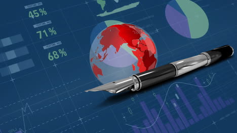 Finanzdatendiagramme-Und--graphenanimation-über-Rotem-Globus-Und-Füllfederhalter