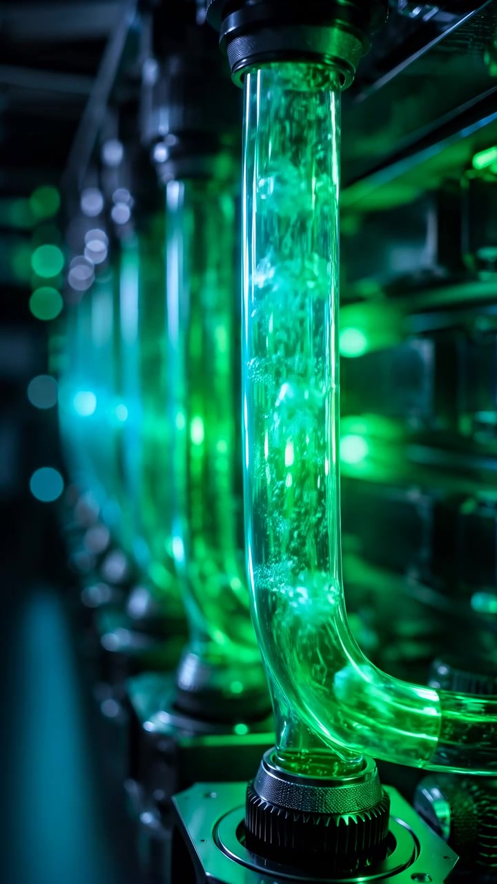 Bright green fluid churns inside transparent tubing while bubbles shift through the column, with shallow focus separating the curved foreground pipe from repeating illuminated equipment.