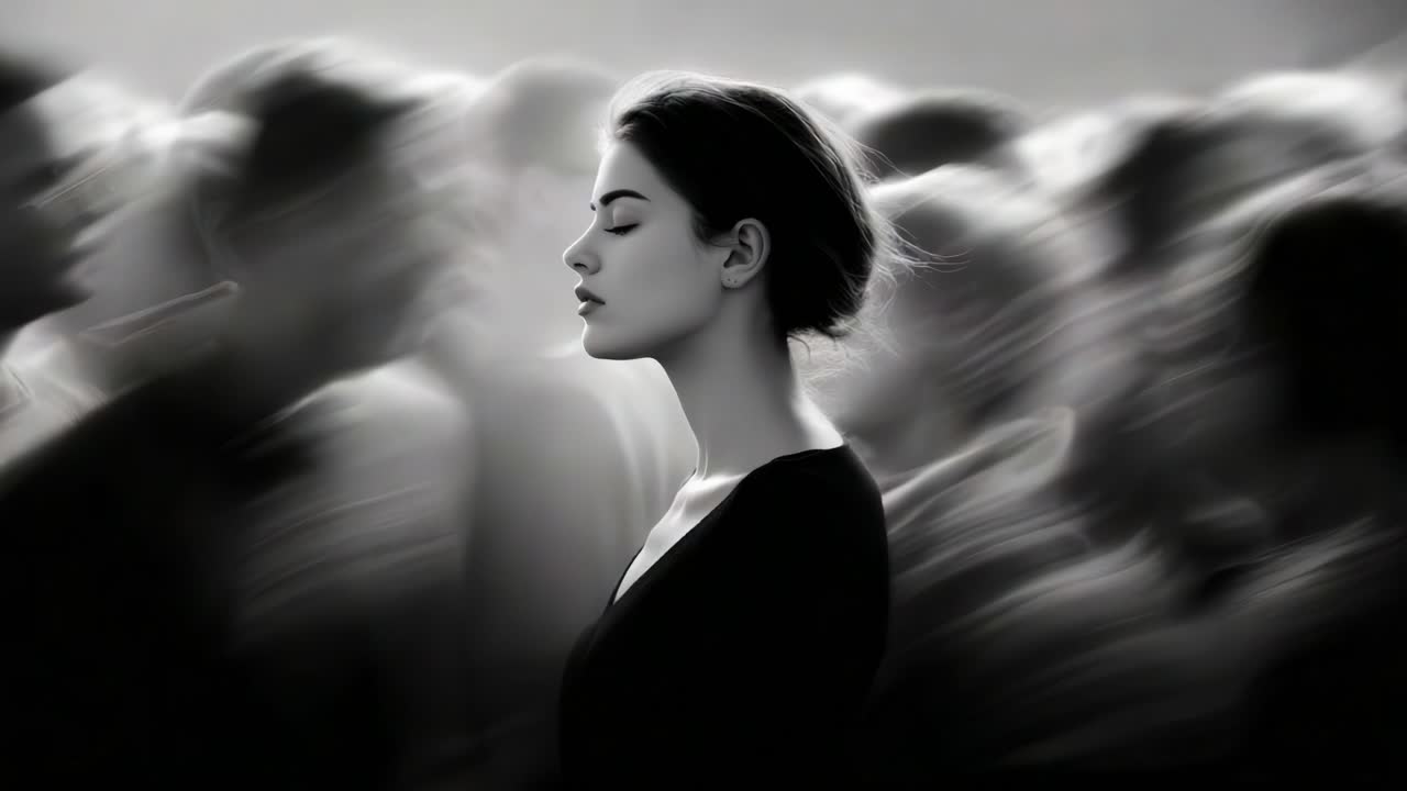 An Ethereal Portrait Amidst a Churning Crowd: Capturing the Essence of Solitude and Reflection as a Focused Figure Stands Tranquil Amid Dynamic Motion and Energy