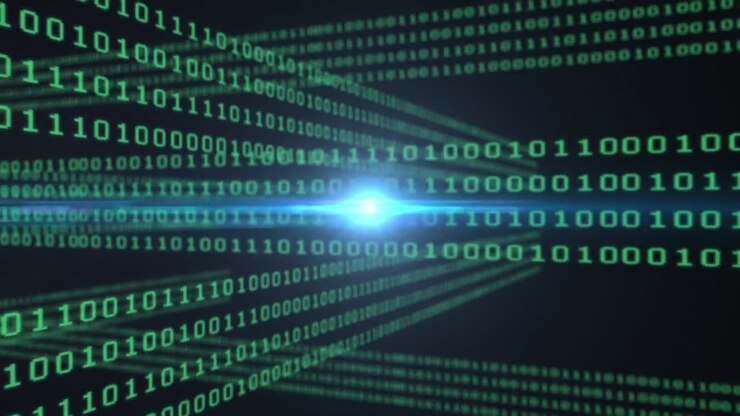 Animation of light moving over green binary code in black space