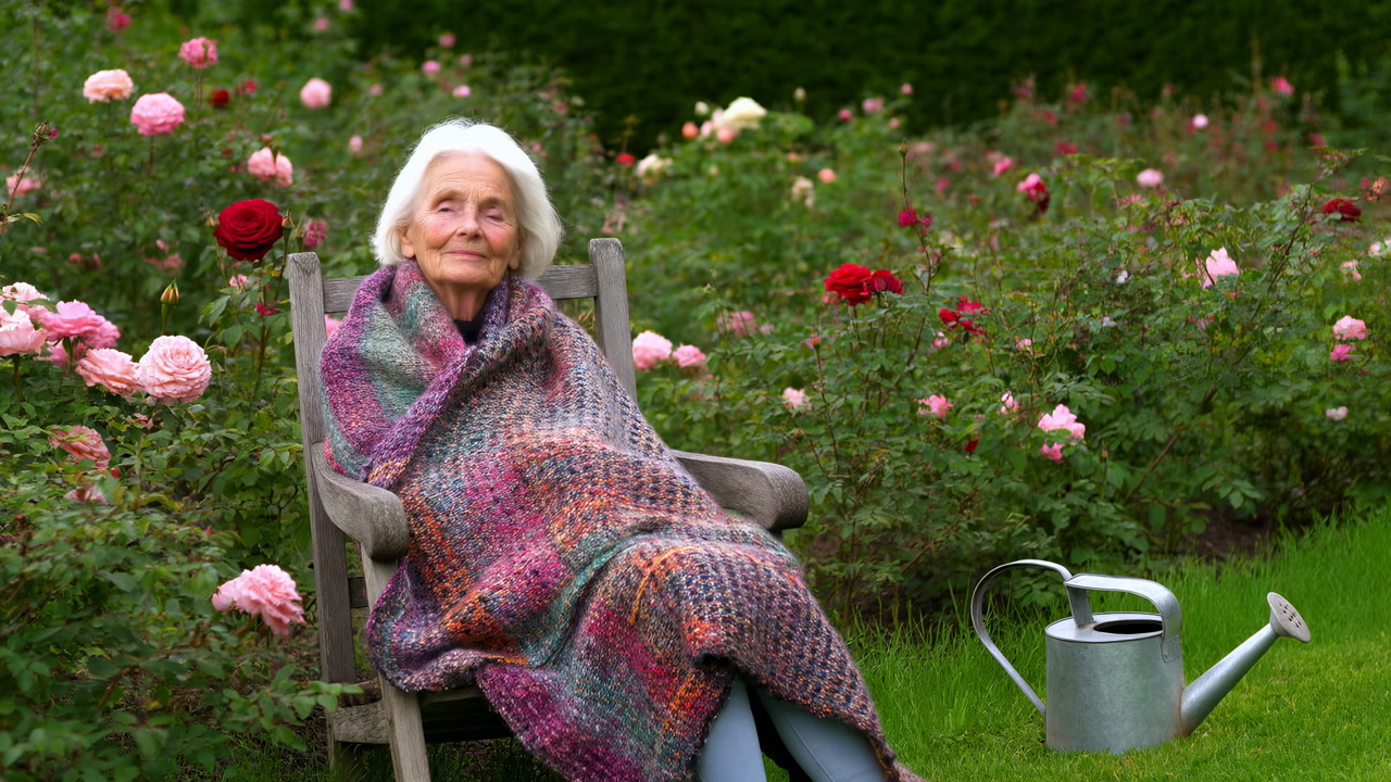 Elderly White Woman Wrapped In Blanket, Sitting On Wooden Chair Among Blooming Rose Bushes With Metal Watering