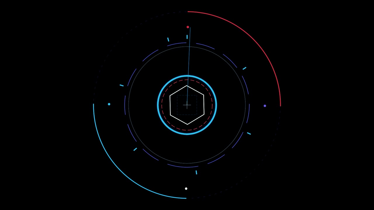 Futuristic Digital HUD Interface with Rotating Hexagon and Circular Elements