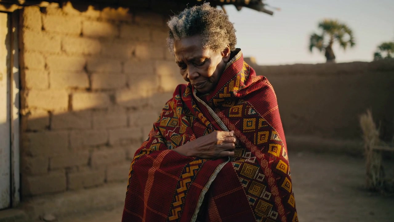 Starší africká žena zvedající deku k rameni, balící si šál na dvoře z hliněných cihel, zajišťující si teplo.