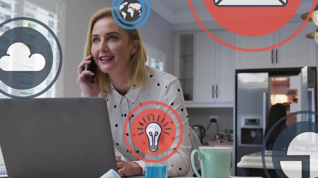 animación de iconos digitales sobre mujer rubia caucásica hablando en un teléfono inteligente usando una computadora portátil