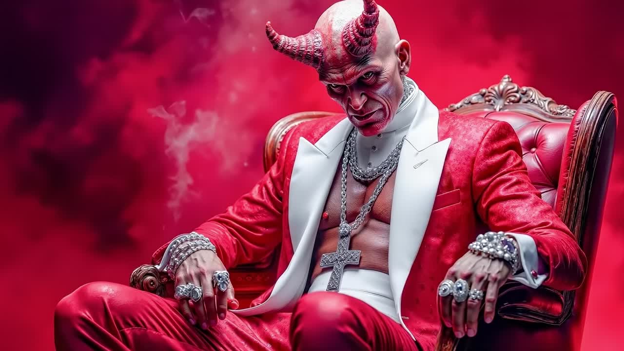 A man in a red suit sitting on a red throne