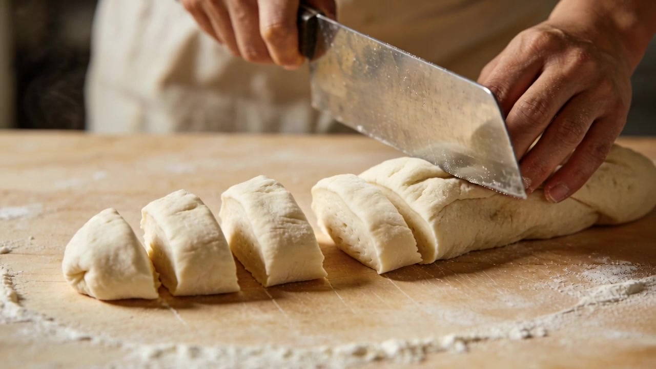 Placing cleaver, cook hands steadying dough roll at floured kitchen board, portioning dough, apron