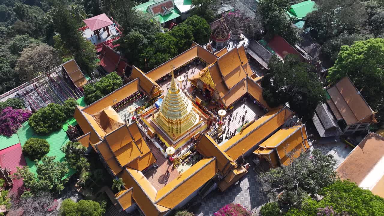 Wat Phra That Doi Suthep Buddhist temple in Chiang Mail, Thailand. Amazing aerial reveal of landmark.