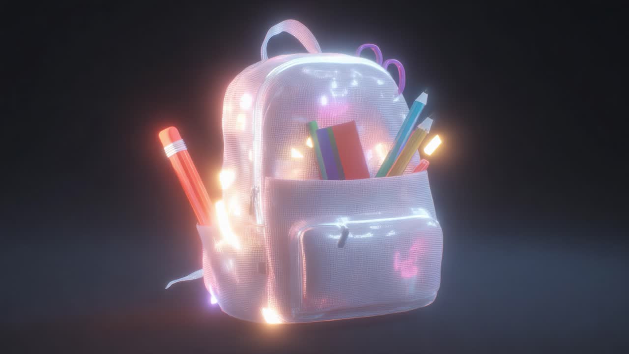 A Sparkling Backpack Filled with Colorful School Supplies Glowing in the Dark, Perfect for Students Looking to Shine in Their Learning Environment with Bright Essentials