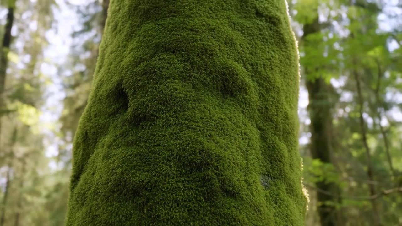 Tronchi d'albero coperti di muschio in una foresta, senza azione visibile, da una prospettiva ravvicinata, con accenti verdi e marroni, e un'atmosfera serena e naturale, con oggetti circostanti.