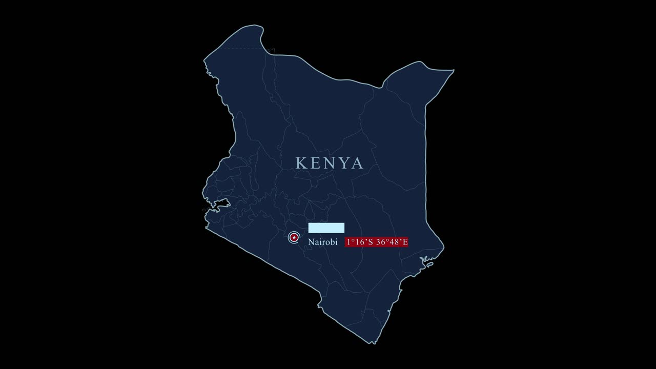 mapa azul de kenya con la capital nairobi y las coordenadas geográficas en fondo negro