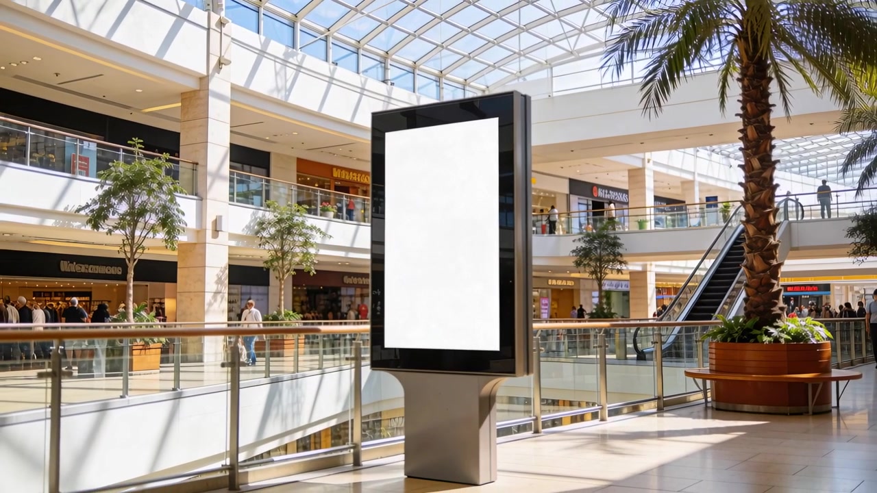 Et skiftende kamera afslører en digital reklamekiosk i et indkøbscenteratrium; kiosken forbliver blank, mens shoppere passerer forbi.