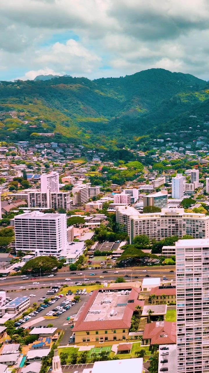 Vista aerea degli edifici residenziali e commerciali di Honolulu con una lussureggiante cresta montuosa verde sotto un cielo coperto. Video verticale.
