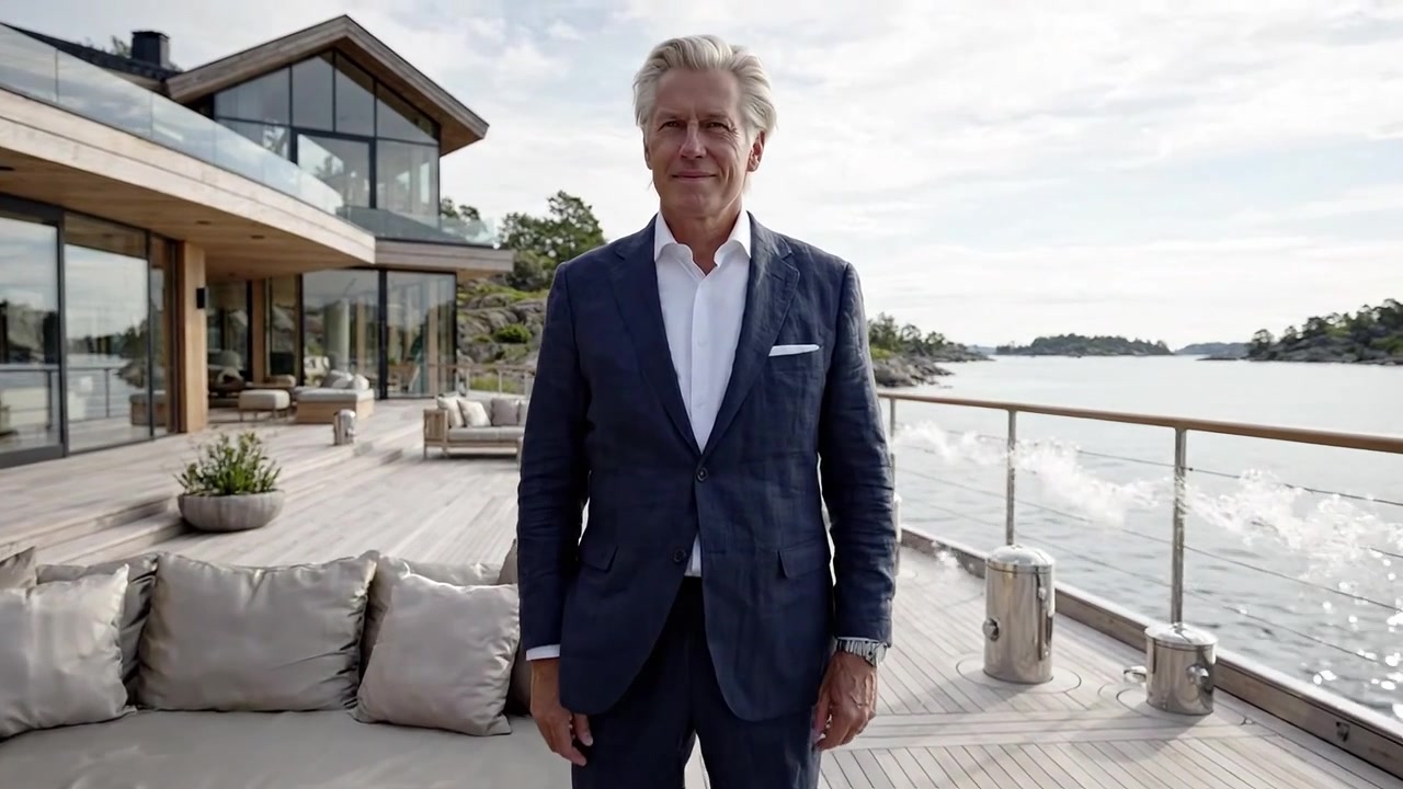 Uomo elegante in abito in piedi su una lussuosa terrazza esterna con vista su un sereno paesaggio acquatico, con architettura moderna e arredamento di design.
