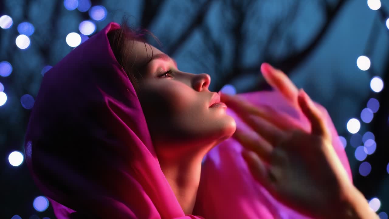 A serene woman in a luminous pink headscarf gazes upward amidst a dreamy backdrop of twinkling lights, embodying grace and tranquility in a captivating moment of introspection and beauty