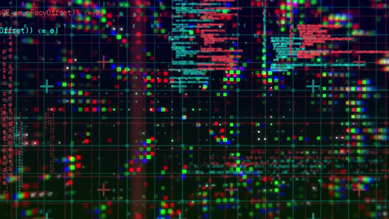 Processing digital information, colorful data points and grid in animation