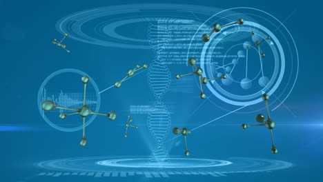 Animación-Del-Hilado-De-Hebras-De-ADN-Y-Procesamiento-De-Datos-Sobre-Fondo-Azul.