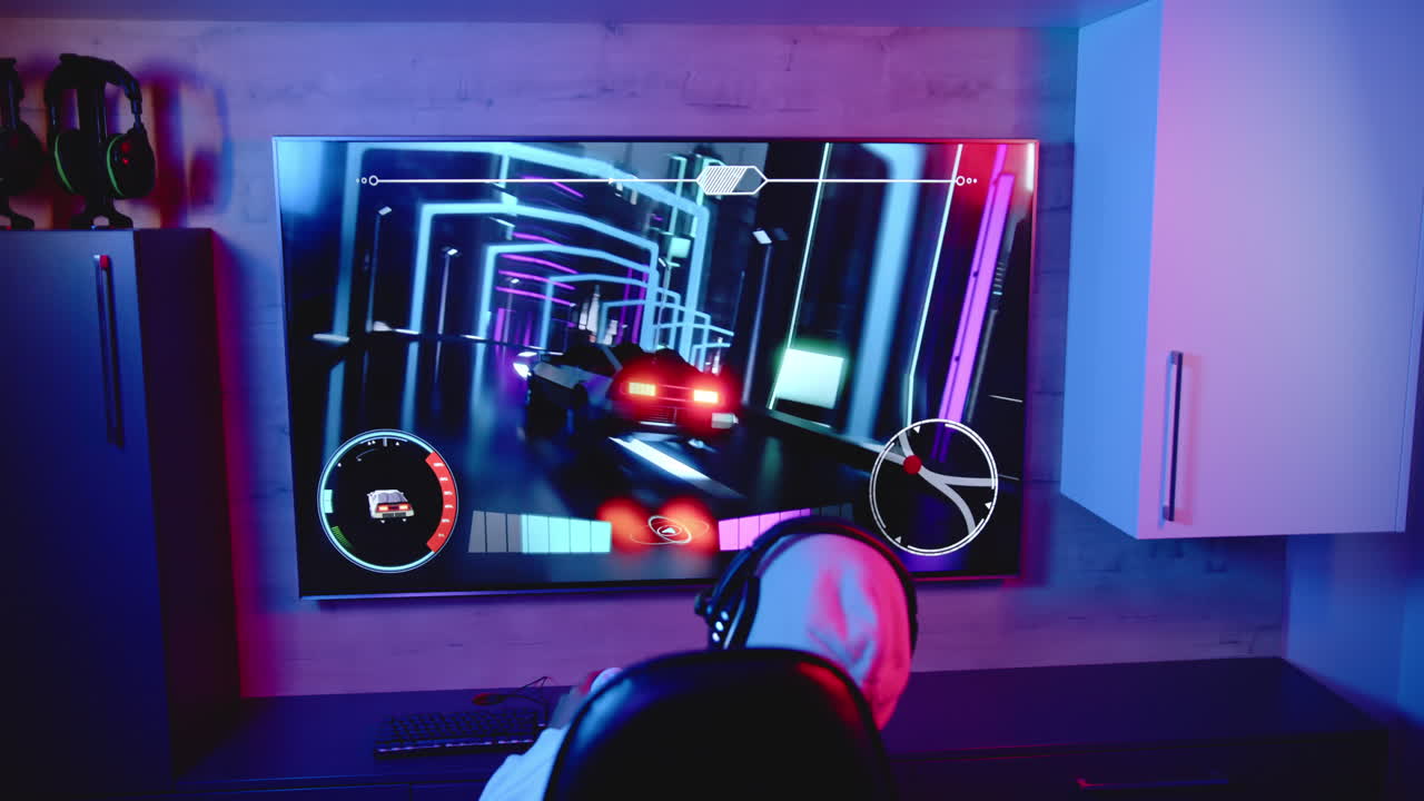 Playing racing video game on large screen, person wearing headset in home setup