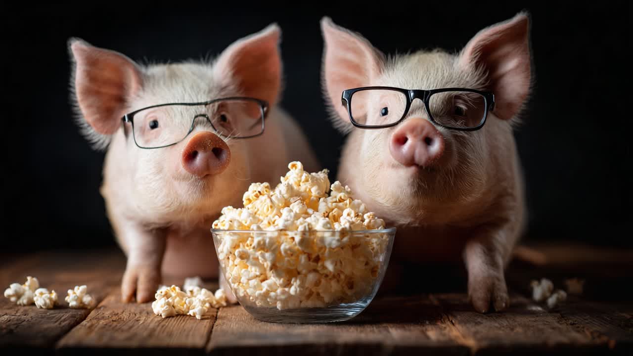 Two Adorable Pigs Wearing Glasses Enjoying a Bowl of Popcorn: A Funny and Whimsical Scene Captured in Two Frames of Playful Piglets