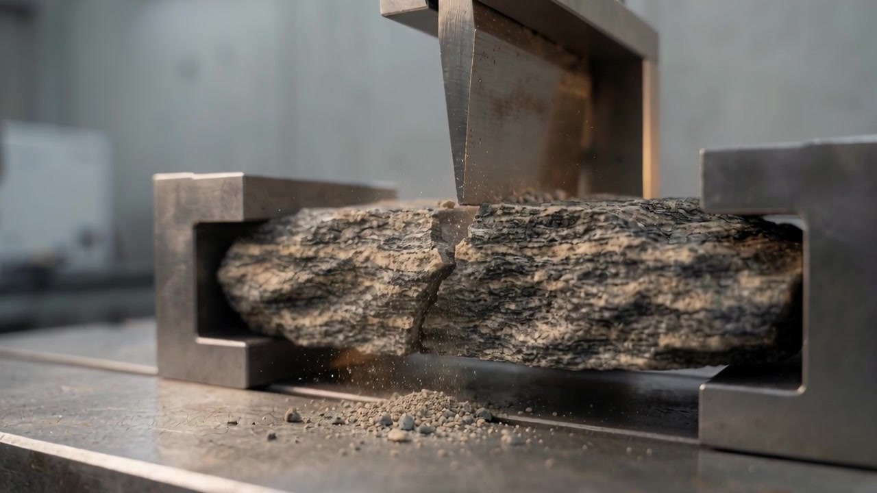 Actuator lowering chisel into rock in V-block on table at testing lab, testing strength