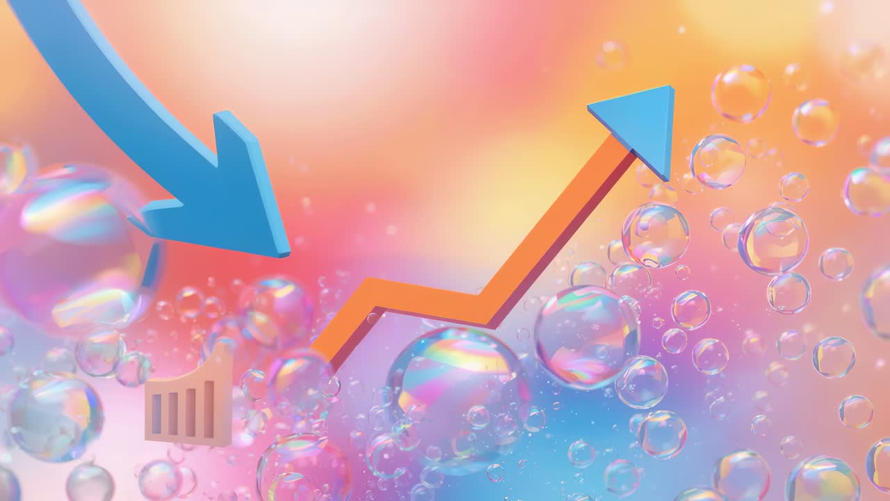 Starting orange-arrow blue-tip moving on pastel bubbles shifting blue arrow beige chart for growth