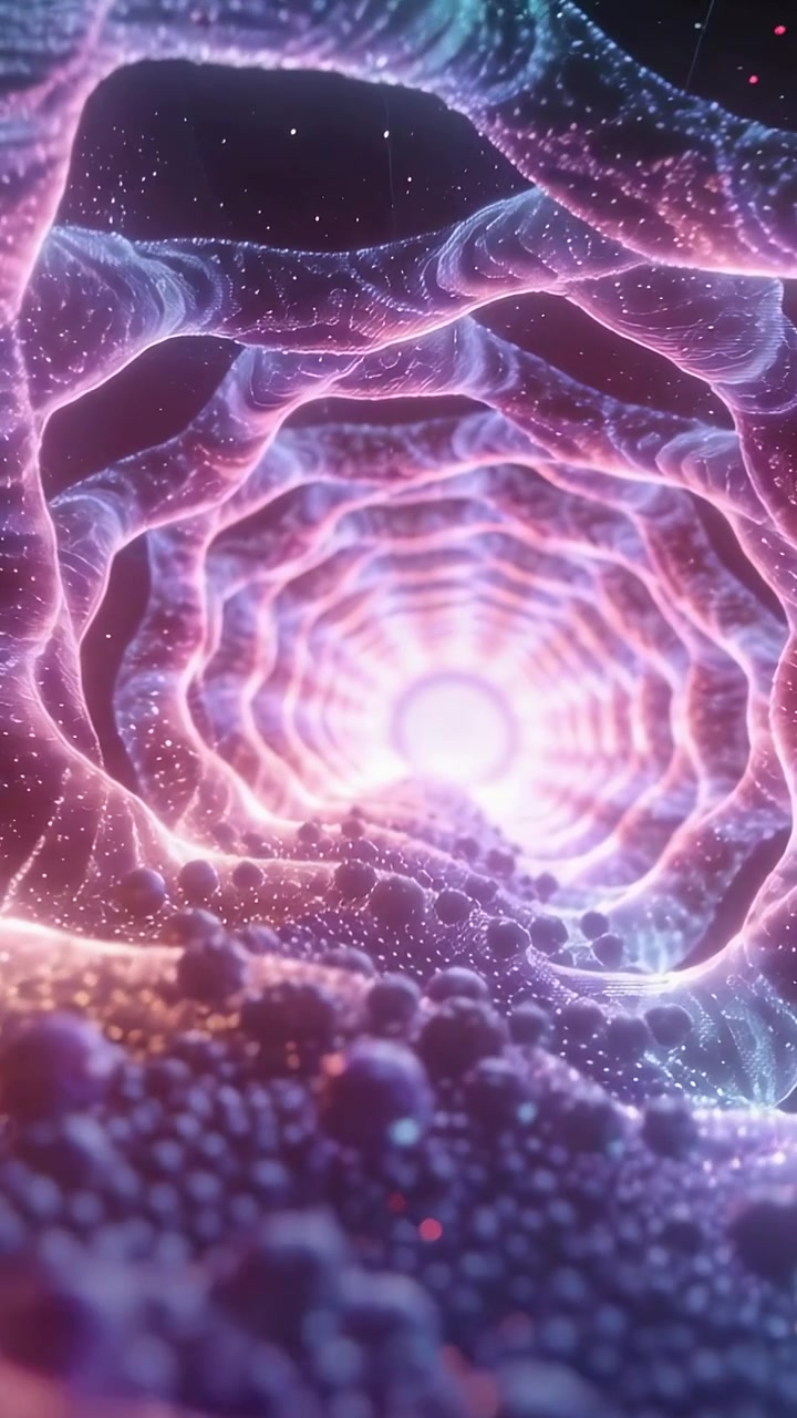 Video verticale: La telecamera inizia attraverso un tunnel elicoidale luminoso, passando sfere verso una luce brillante.