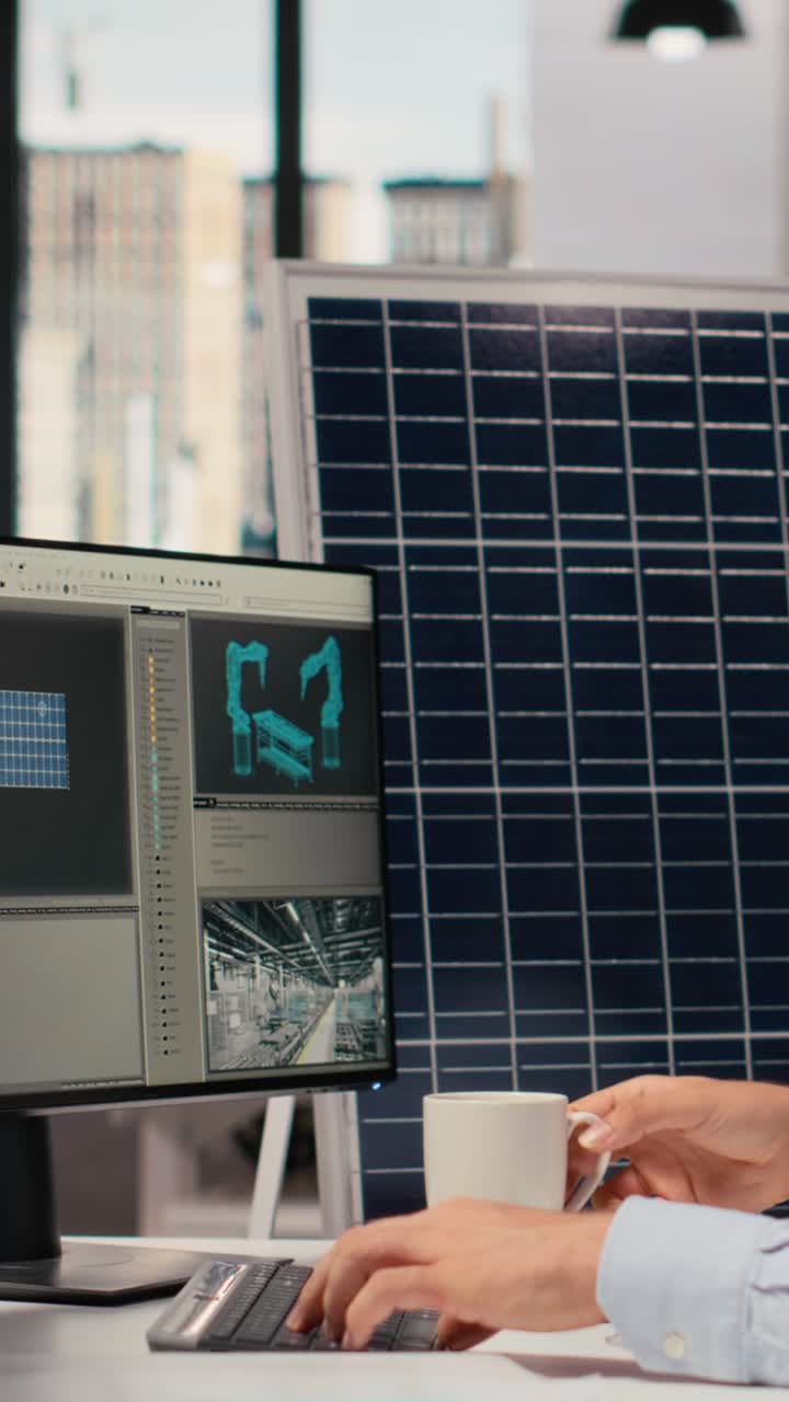 Specialist develops clean energy solutions, drinks coffee, talks with coworker