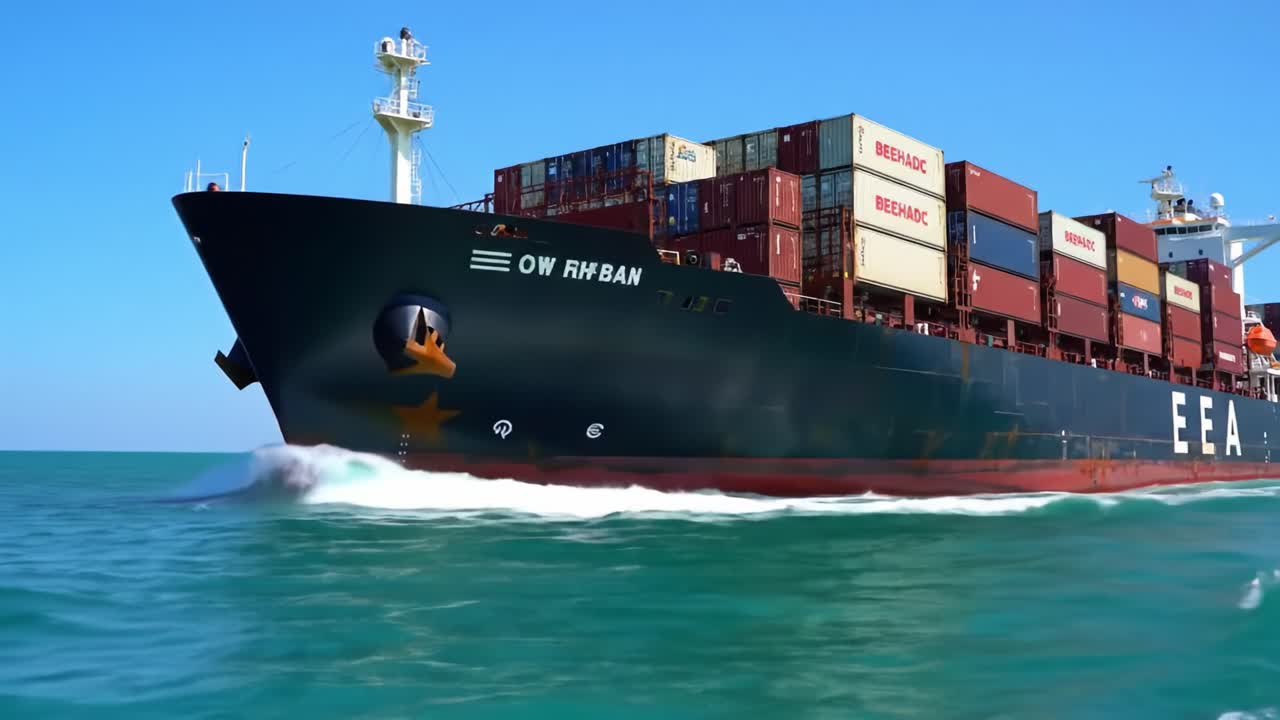 Large Cargo Ship Navigating Smooth Waters, Loaded with Containers, Showcasing Maritime Trade and Transport Efficiency in Bright Conditions