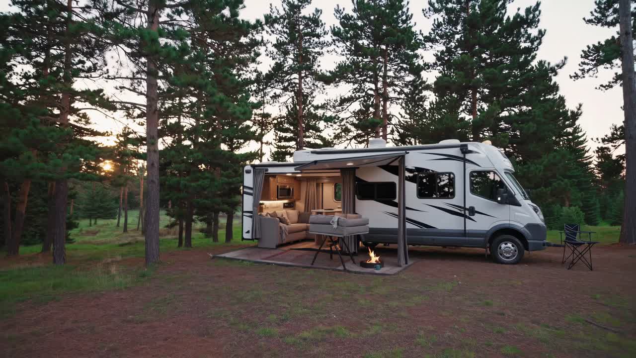 Wide-angle video captures a cozy camper van setup in a serene forest. The open side reveals a comfy