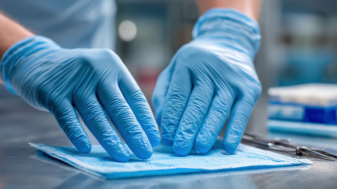 Dettaglio di mani che preparano strumenti chirurgici su una superficie sterile, evidenziando tecniche precise e attenzione in ambienti medici per risultati ottimali per i pazienti