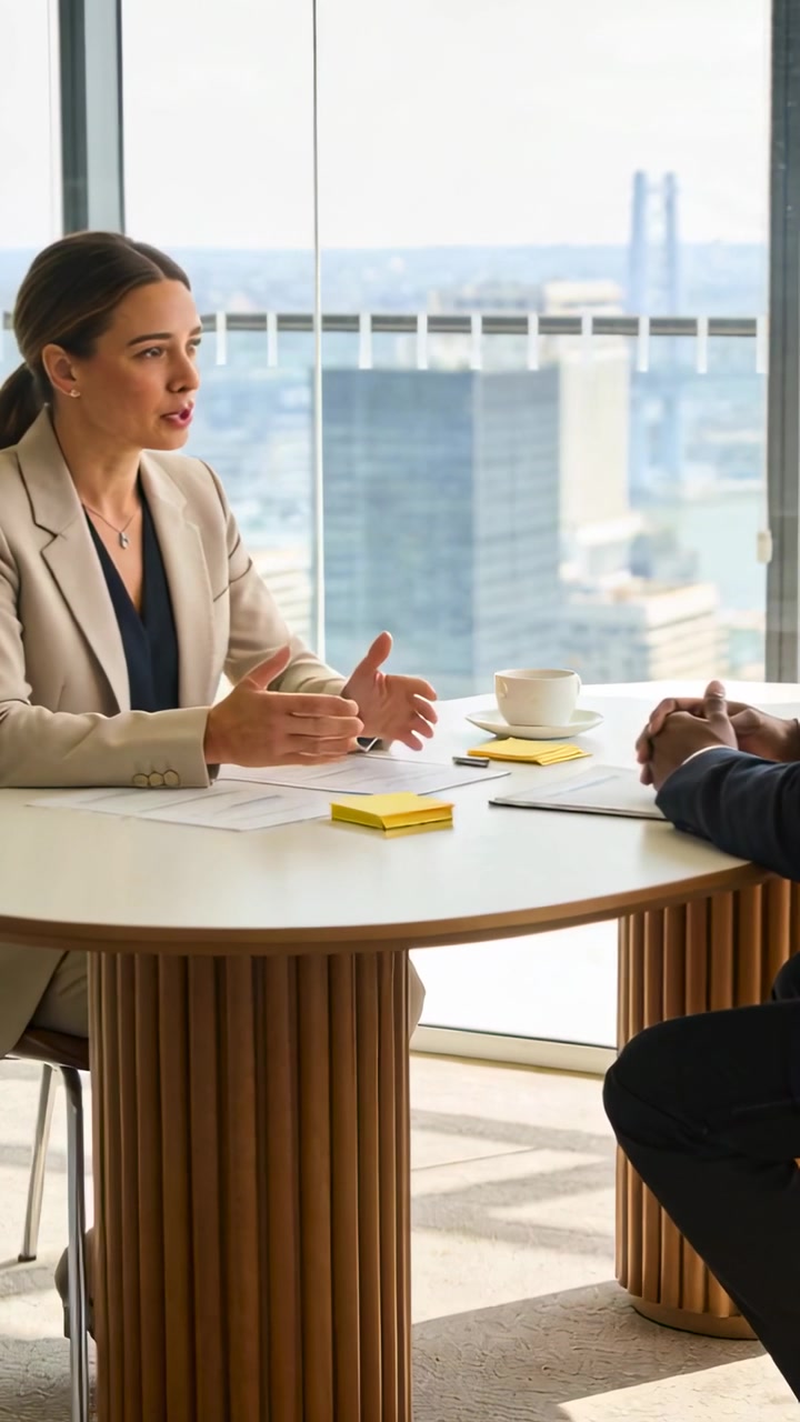 Vertical video: Starting talk, woman in beige blazer gesturing, making point at table, copy space