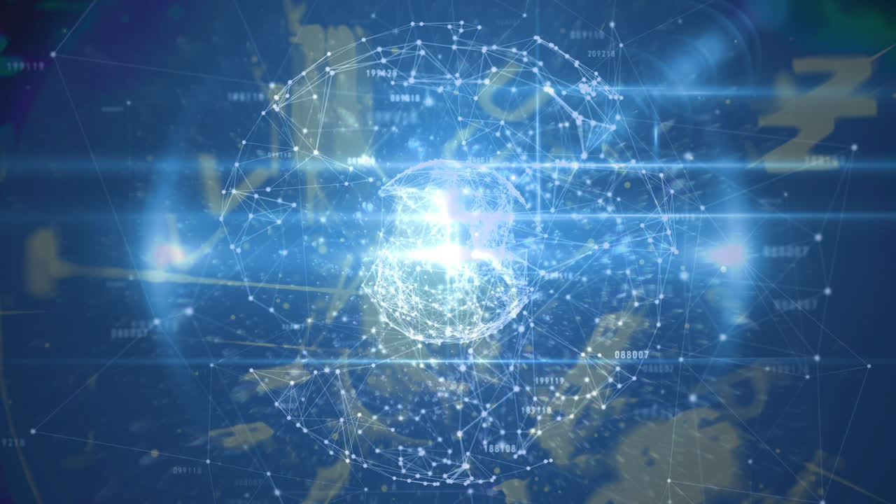 Animation of network of connections rotating over globe on blue background