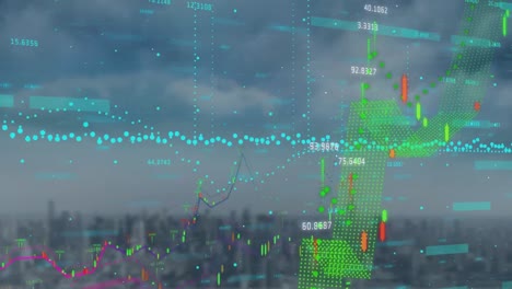 Animation-of-financial-data-processing-over-aerial-view-of-cityscape-against-blue-sky