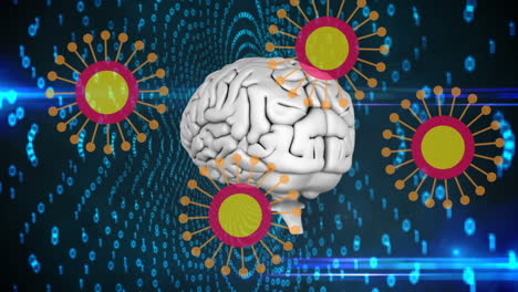 animación de las células de covid 19 con el cerebro humano girando