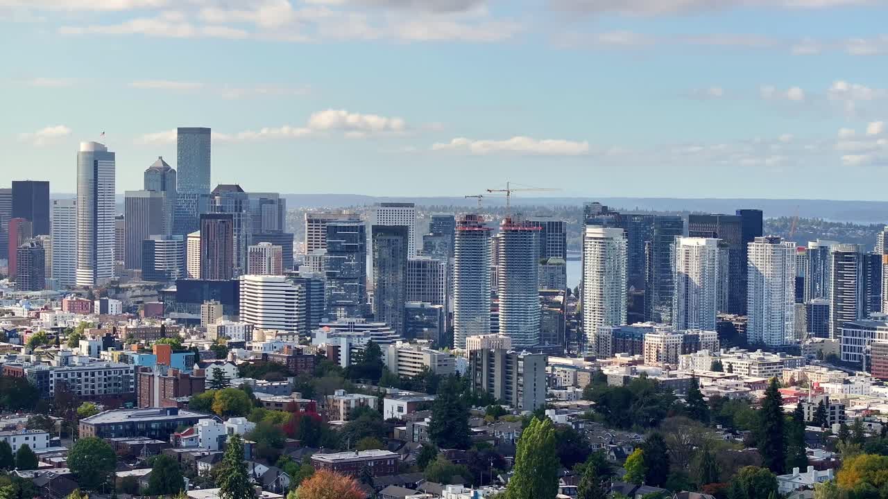 Downtown Metro Skylines Over Seattle In Washington, United States. Aerial Drone Shot