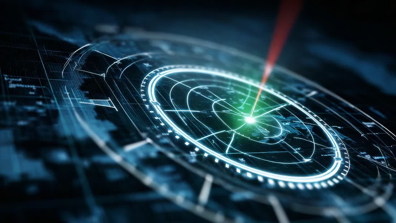 High-tech radar scanning display featuring a precision laser targeting system visualized through a futuristic interface with pulsing rings and glowing graphics
