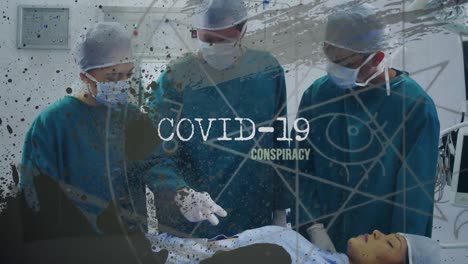 animation of covid 19 text over surgeons operating in face masks