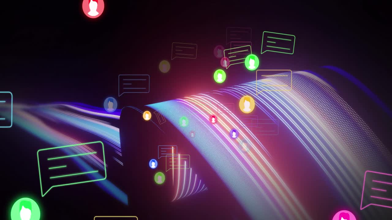 검은 바탕에 있는 미디어 아이콘과 빛의 흔적의 애니메이션