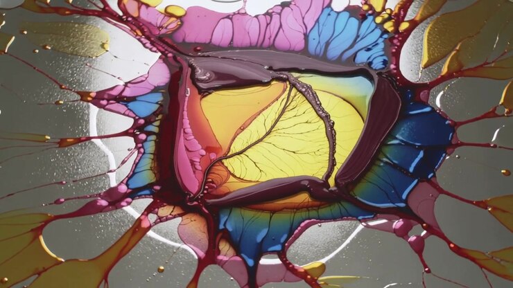 Shifting layered paint pool settling on metal tray under light, showing yellow veins and droplets