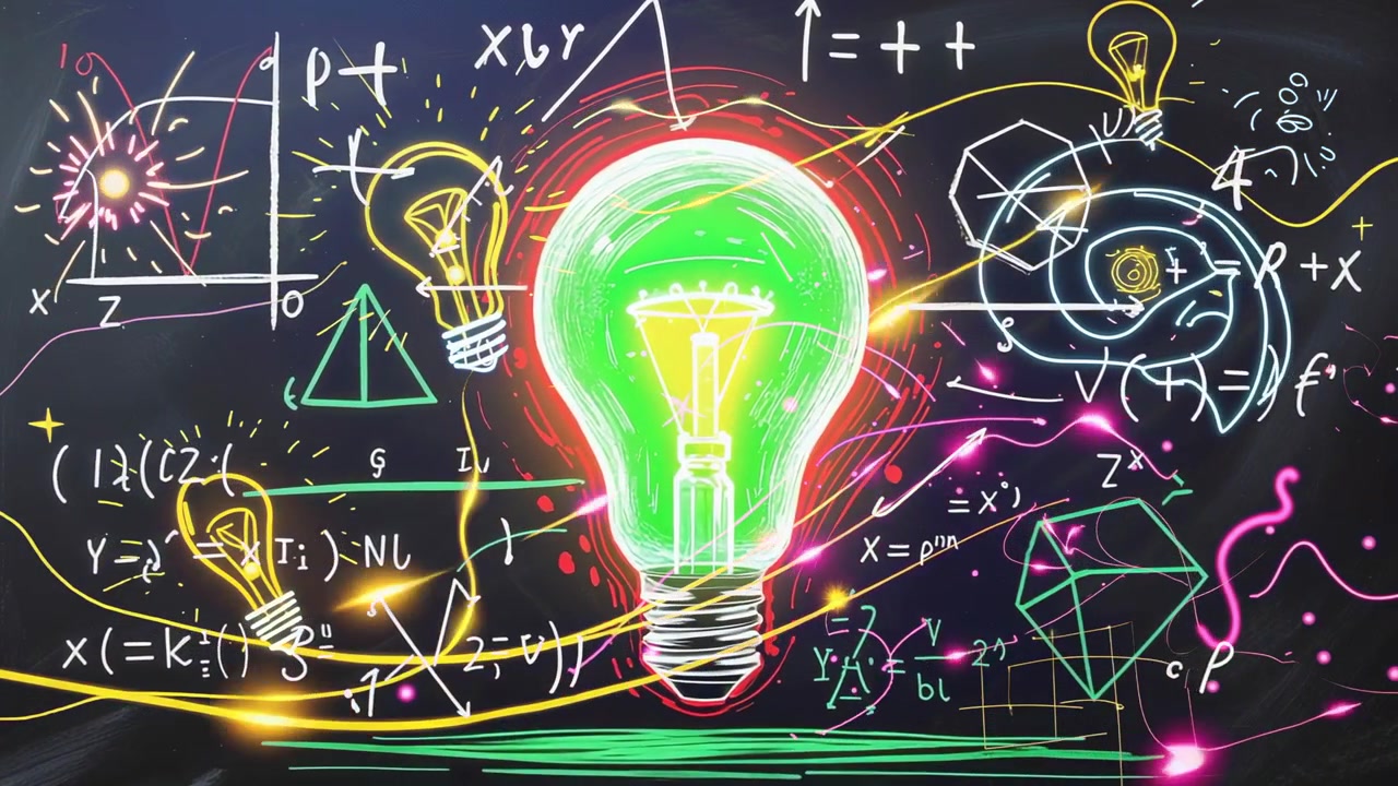 Neon chalk drawings sparking central bulb glowing green pulsing on board with formulas and shapes