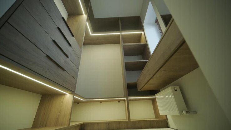 Cabina armadio moderna con scaffalature in legno