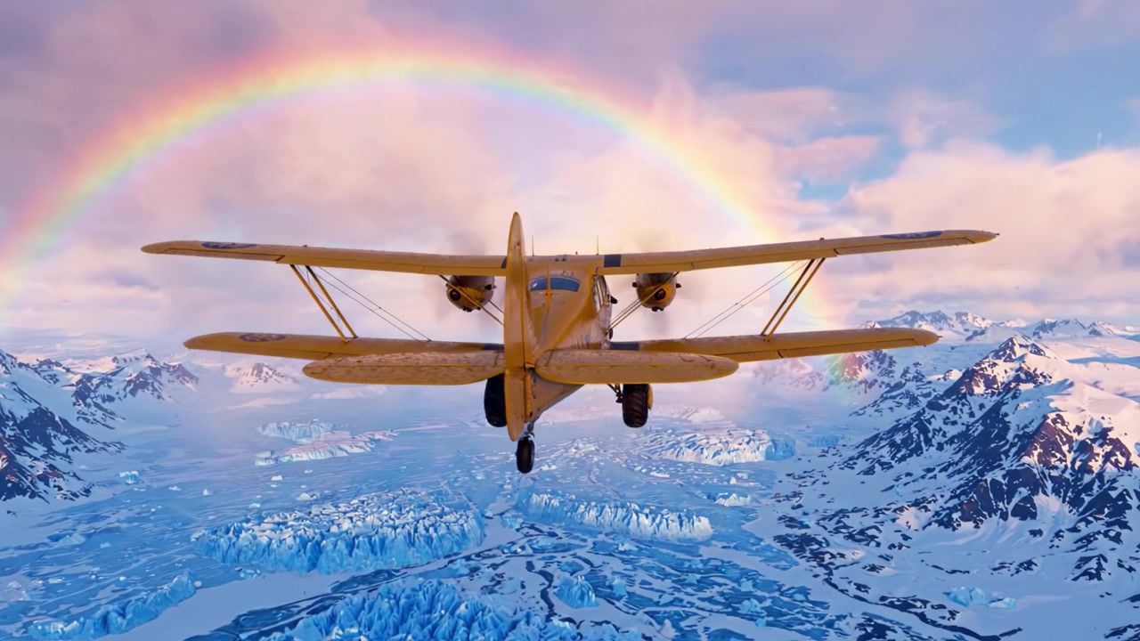 Un elegante aereo giallo si libra attraverso un paesaggio mozzafiato con un arcobaleno, catturando la bellezza della natura e dell'aviazione con dettagli e vivacità sorprendenti.